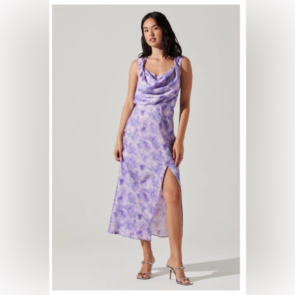 NWT ASTR The Label Elin Cowl Neck Midi Dress in Purple Abstract Medium